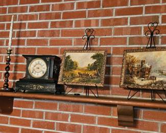 Oak Barley Twist Candle Sticks, Antique Clock, Vintage Art in Frame