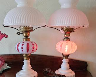 Pair of Cranberry/Milk Glass Electrified Lamps