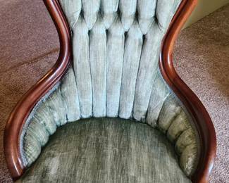 Victorian style Parlor Chair, Carved Mahogany Frame and Green Tufted Upholstery