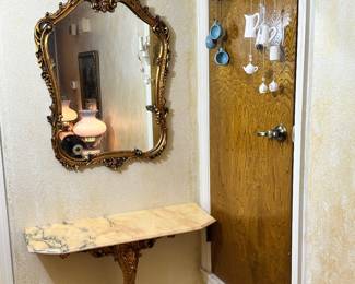 Vintage Ornate Wall Mirror with Marble Topped Wall Shelf