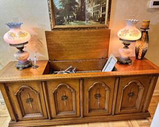 Vintage Stereo Console with 2 Hurricane Lamps