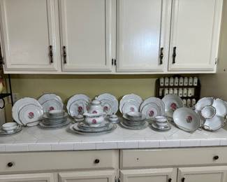 Vintage, Hutschenreuther Platinum Trimmed. Pink Rose Sylvia China Set. Service for 8 Plus.