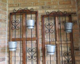 Pair Rustic Metal & Wood Wall Planters