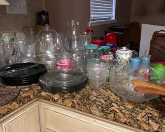 Dishes, pitchers, kitchen decor