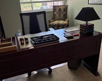 Desk with Library desk lamp, office supplies