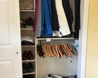 Men's sport coats, men's jackets, women and men's shoes and boots, lots of hangers
