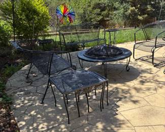 Iron patio loveseats (2), chair and side tables