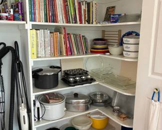 Cookbooks, kitchen cooking items, Corning Ware dishes, vacuums