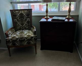 File cabinet, table lamps, side chair