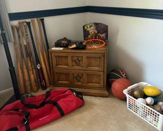 Baseball bats, baseball bag, lots of balls