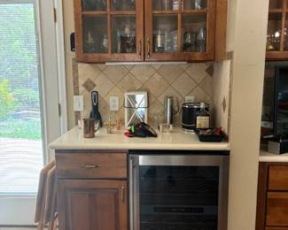 Bar ware, wine glasses, collectible labeled glasses, bottle openers, TV trays