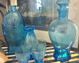 Blue Art Glass Decanter and Cordial Set with Fish Bottle, $15–$65