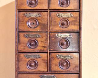 Desirable Wooden Spice Chest with Pull-Out Drawers and Brass Nameplates Kitchen Organizer, $125