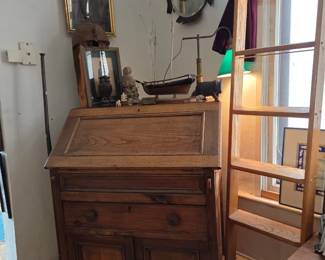 Oak Slant Front Secretary Desk with Cubby Interior & Felt Writing Surface, $325