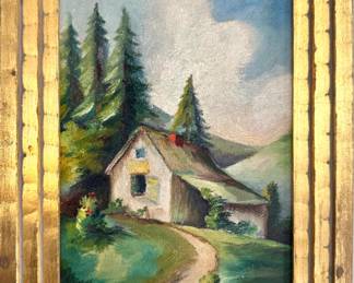 Cottage Landscape Oil Painting in Gilt Frame, $200