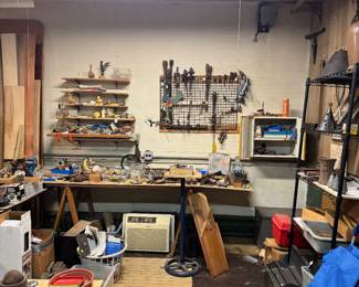 Vintage Woodworking Bench with Hand Tools, Hardware & Artisan Workshop Contents