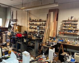 Historic Woodworker’s Workshop with Antique Tools, Machinery & Lumber Storage