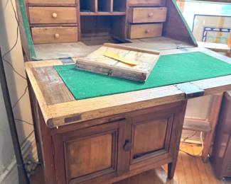 Oak Slant Front Secretary Desk with Cubby Interior & Felt Writing Surface, $325