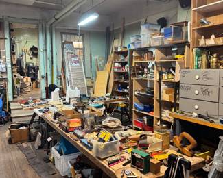 Vintage Woodworker’s Workshop with Benches, Tools & Industrial Storage