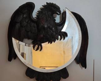 Hand Carved Wooden Falcon with Moon-Shaped Beveled Mirror $225