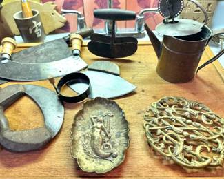 Primitive Kitchen Tool Collection with Choppers, Oil Can, Trivet & Brass Mermaid Tray, Wooden Cutting Slab