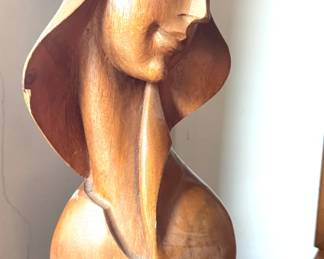 Wooden Madonna Bust Sculpture Mid Century Folk Art Figure, $250
