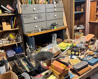 Vintage Workshop Storage Cabinet with Drawers, Books & Woodworking Supplies
