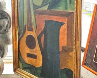 Modernist Still Life Painting with Lute & Vessel, $300