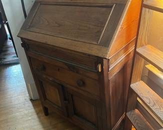 Oak Slant Front Secretary Desk with Cubby Interior & Felt Writing Surface, $325