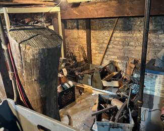 Early American Workshop Storage with Primitive Tools, Lumber & Industrial Artifacts