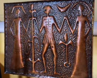 Hammered Copper Wall Plaque with Stylized Figures Folk Art Panel, $125