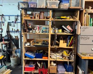 Woodworker’s Supply Shelves with Hand Tools, Finishing Products & Hardware