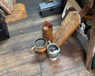 Antique Copper Sifter, Primitive Dough Board & Vintage Kitchenware Collection