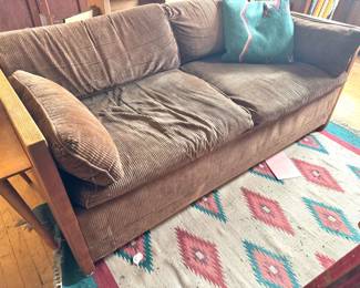 Sleeper Sofa with Oak Frame and Brown Corduroy Upholstery, $400