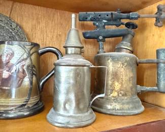 Brass Blowtorch and Pewter Oil Measure Collection, $25-$45