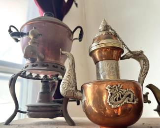 Dragon Motif Teapot with Copper Spirit Kettle Warmer, $60 each