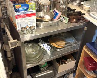 Vintage Kitchenware & Bakeware Collection on Commercial Stainless Steel Rolling Utility Cart ($85)