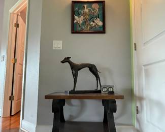 Graceful Dog Sculpture, Unique Wrought Iron/Wood Table,  Framed Ceramic Picture