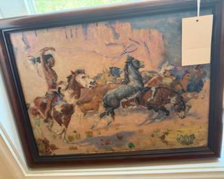 Art Painting Framed Indian Horseman and Horses