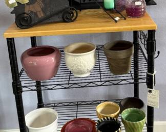 Small Bakers Rack, Metal and Doggie Sandcarving, Candles and Cute Pots