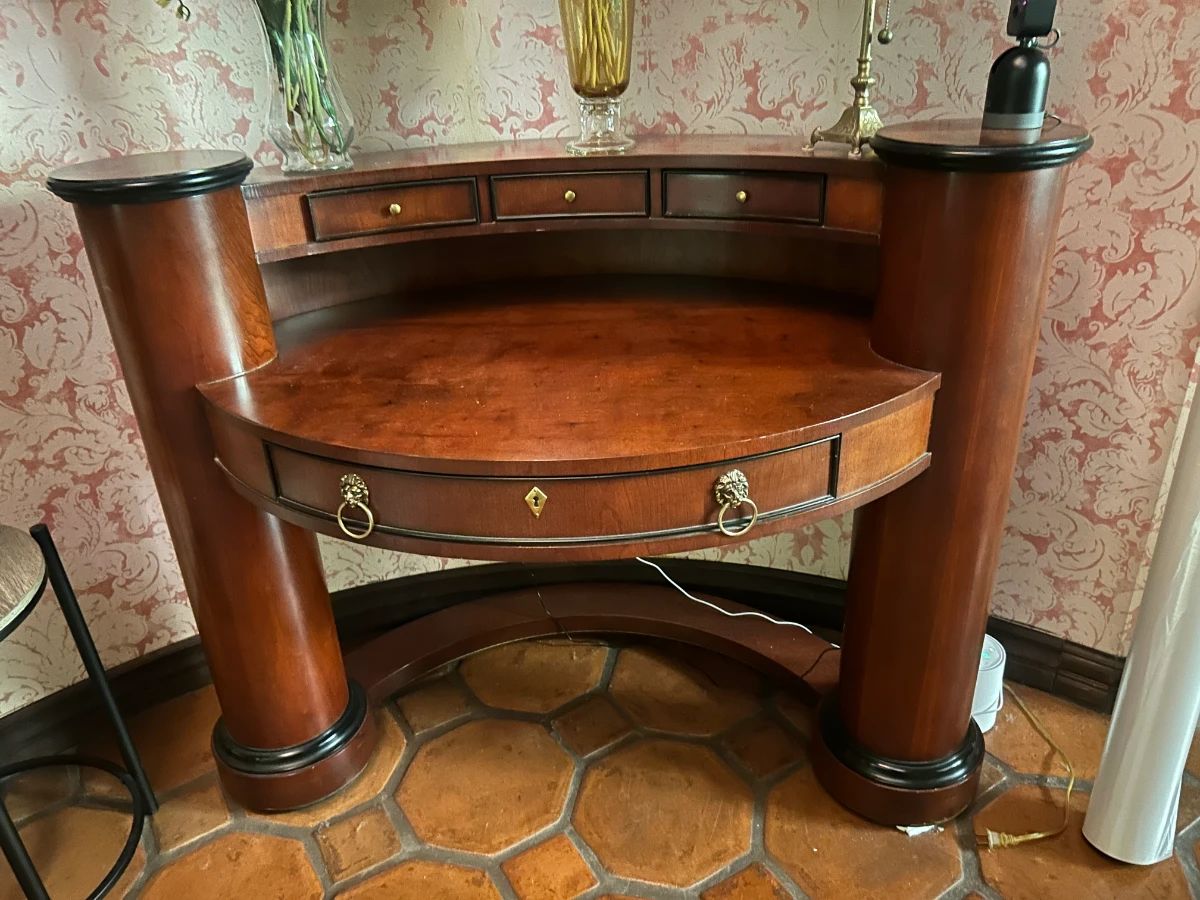 Vintage Biedermeier-Style Mahogany Demi-Luce Console Table with Column Supports