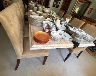 Solid marble 8-foot table top and base (separate pieces) and 8 suede chairs in excellent condition