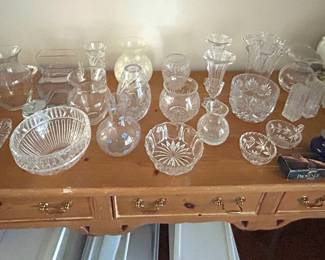 Table of Glass and crystal vases, bowls soup carafe, plates