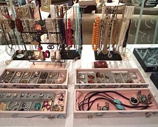 Table of costume jewelry, a lot of miscellaneous jewelry for repurposing, Native American jewelry, fine jewelry, semi-precious stone jewelry.