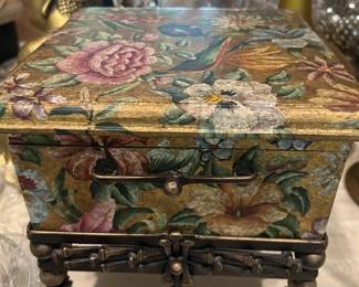 Vintage Floral Decoupage Jewelry Box on Ornate Metal-Footed Base