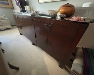 Beautiful Vintage Solid Mahogany Credenza Buffet Cabinet with Asian-Inspired Hardware