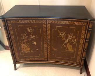 Vintage Chinoiserie-Style Faux Bamboo Cabinet with Handpainted Flora and Fauna, hardwood composite, painted and lacquered with Greek Key border design, Late 20th Century