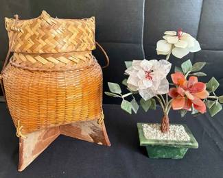 OR109Vintage Chinese Hardstone Bonsai Tree Thai Bamboo Basket