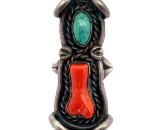 Vintage Rustic Navajo Red Coral & Turquoise Elongated Coffin Ring