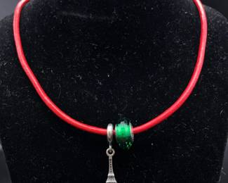 Red Cord Necklace with Green Glass Bead and Eiffel Tower Charm